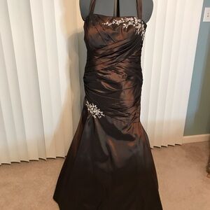 Jovani Strapless Brown Gown with Silver Accents